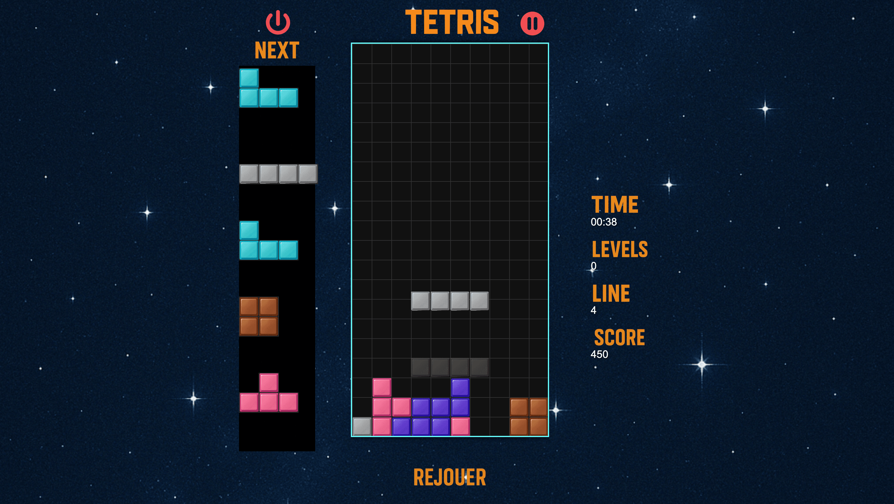 Interface du jeu Tetris web