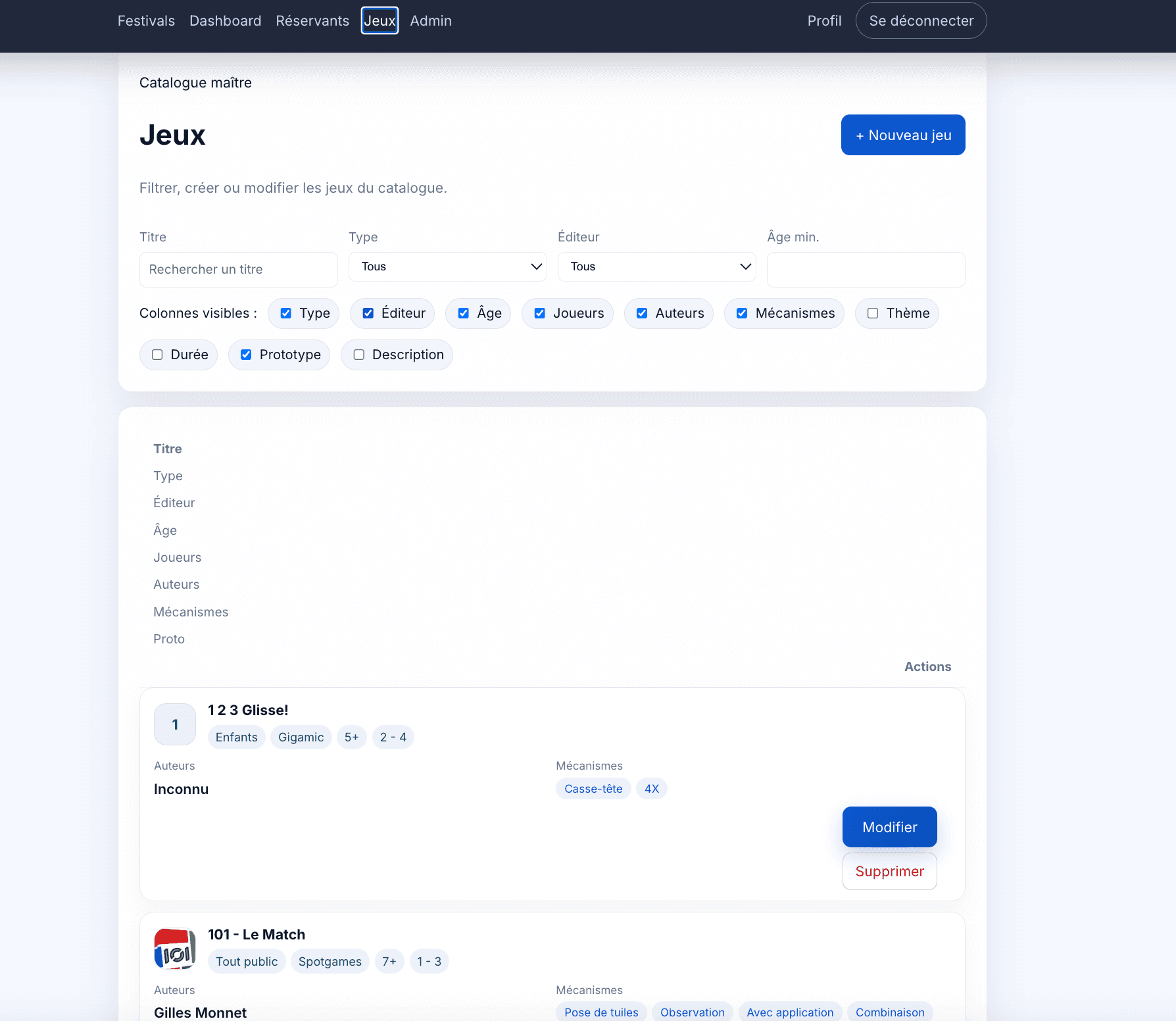 Capture de l'application de gestion de festival Angular 3