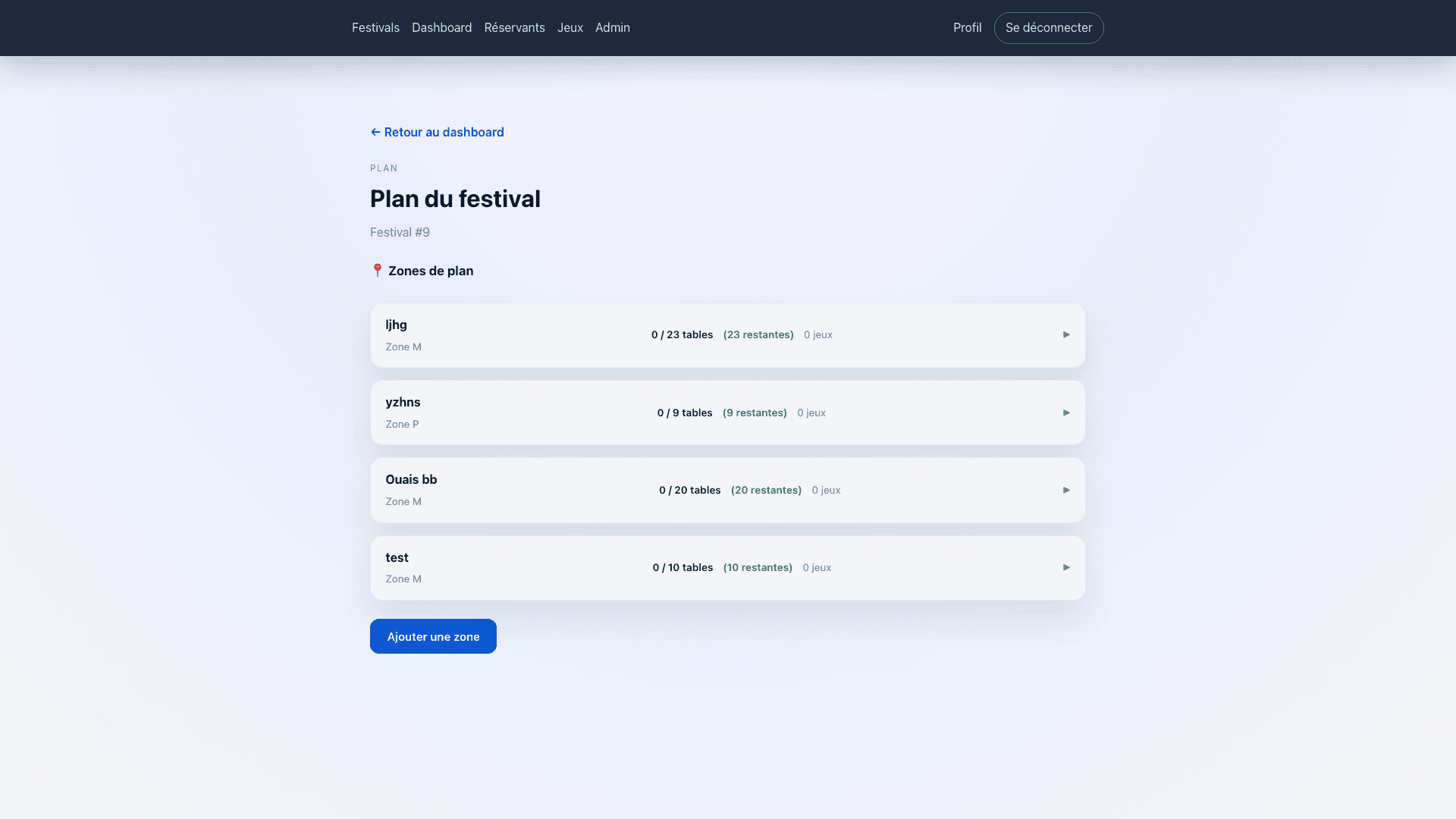 Capture de l'application de gestion de festival Angular