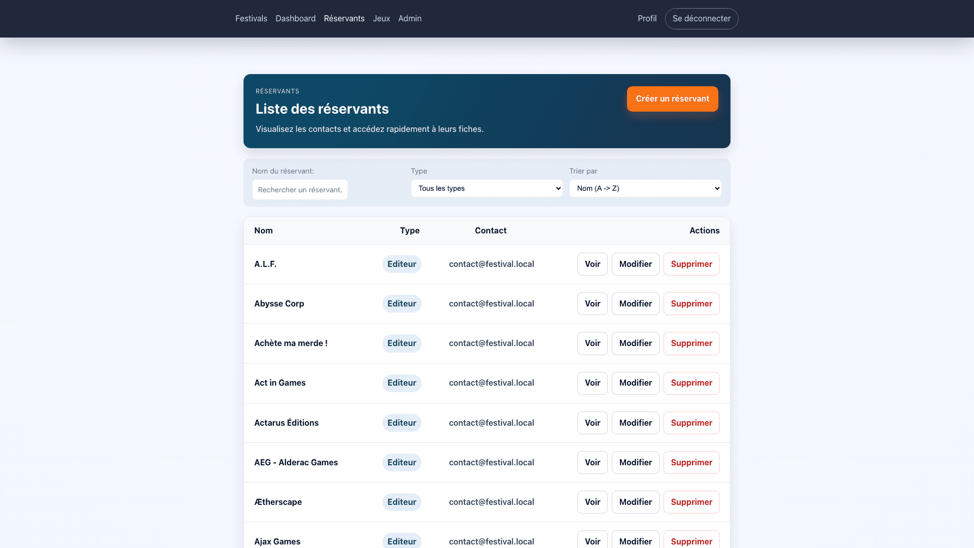 Capture de l'application de gestion de festival Angular 1